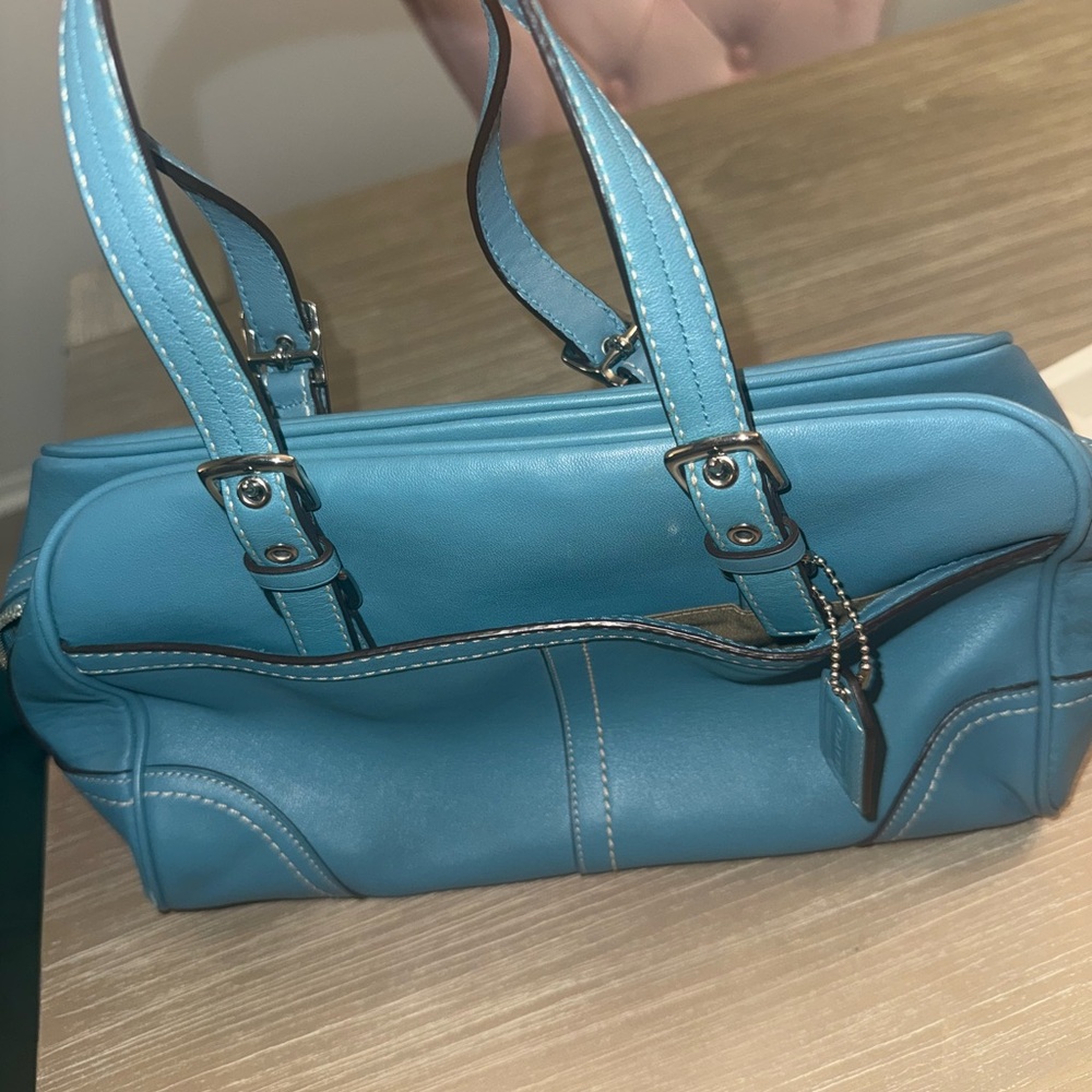 Coach Blue Shoulder Bag with Leather Material and Adjustable Straps